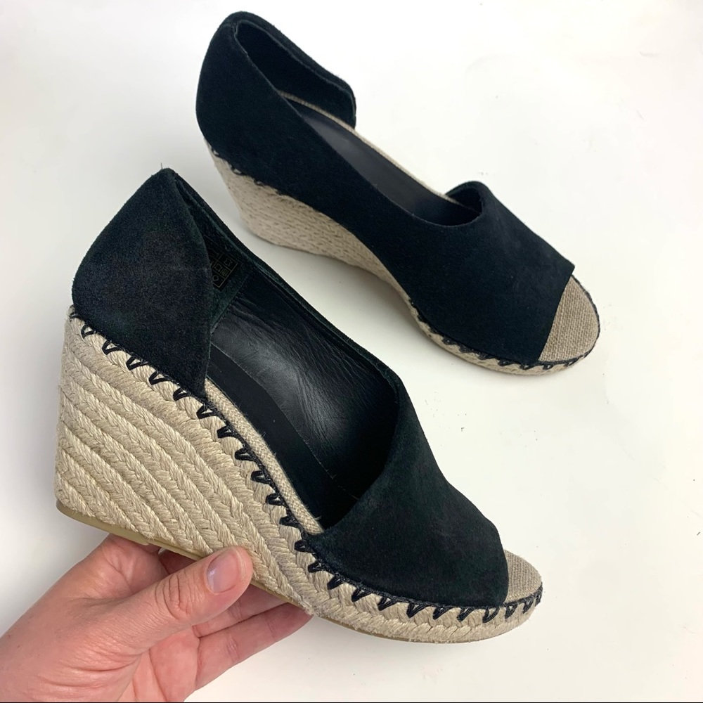 Vince Sonora Suede Peep Toe Espadrille Wedge Black Size 6